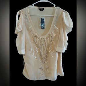 Bebe Embroidered Hand Beaded Draped sleeves Pink blush Sheer Blouse XL